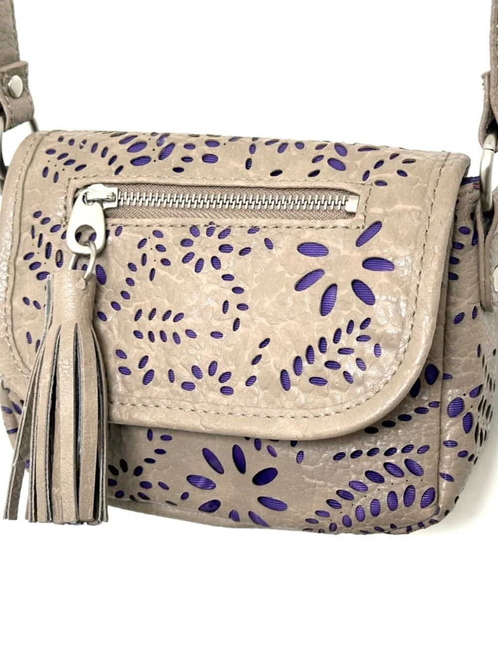 Kensie Girl Taupe Laser-Cut Mini Crossbody Bag with Purple Accent